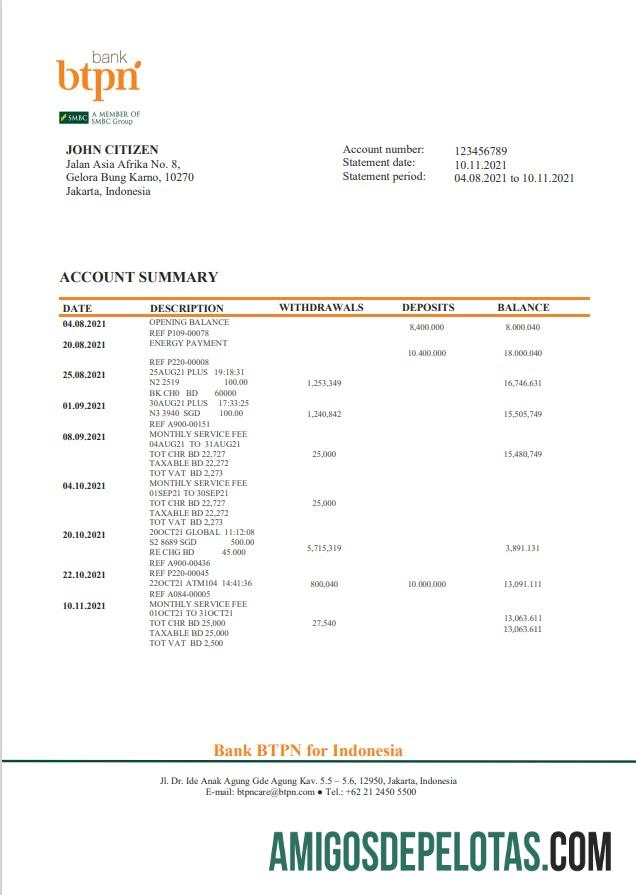 Modelo de extrato bancário BTPN da Indonésia